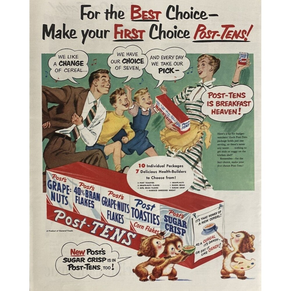 Post-Tens Individual Cereal Packages "Post Cereal Bears" Vintage Print Ad 1951